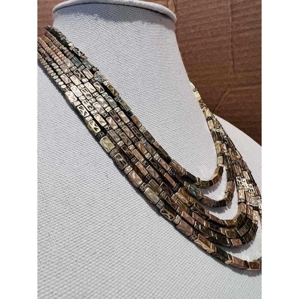 Chico's Vintage Gold Tone Multi Strand Statement Necklace Textured Block Bead